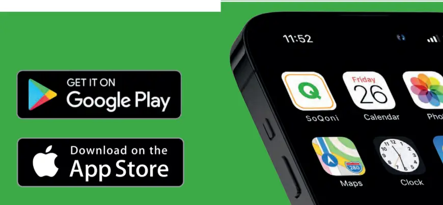 Google Play and App Store download badges next to the SoQoni app