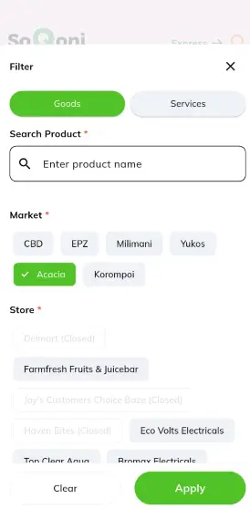 Filter screen for choosing market and store