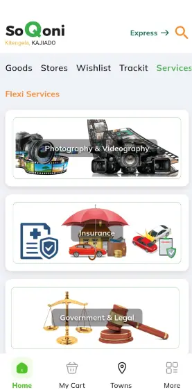 Flexi Services screen showing photography, insurance and legal categories