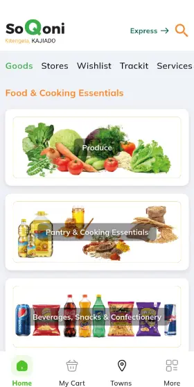 SoQoni goods home screen with food and cooking categories