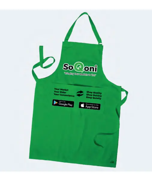 Green SoQoni apron worn by riders and sellers
