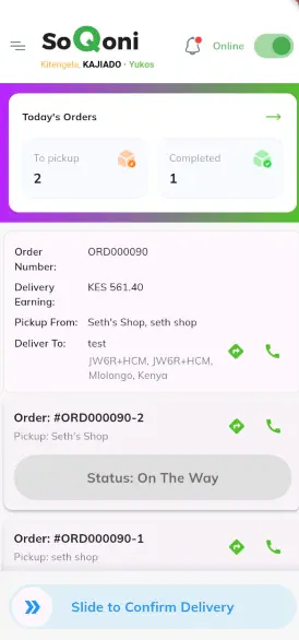 Rider order screen showing delivery status