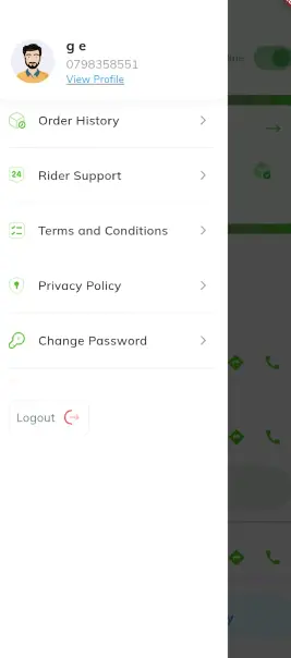 Rider profile menu with order history and support