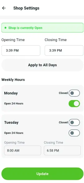 Shop settings screen with opening and closing hours
