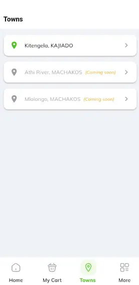 Town selection screen showing Kitengela, Athi River and Mlolongo